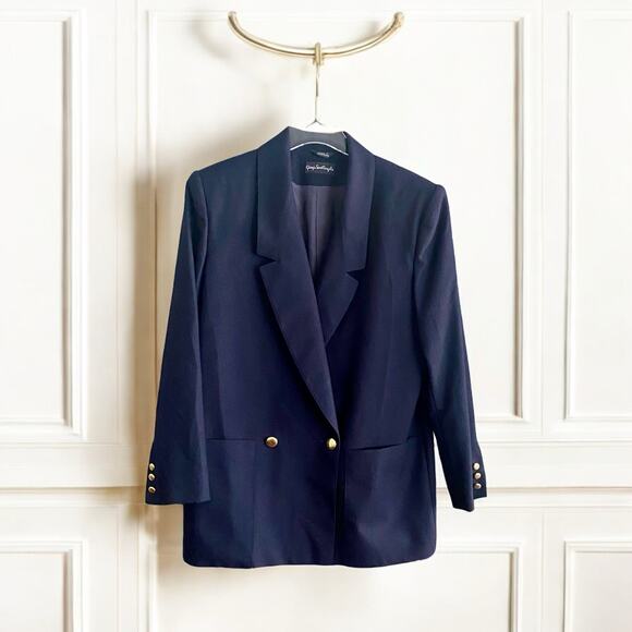 Giorgio Sant’Angelo Women’s 8 Wool Blazer Double Breasted 90s Navy Blue Academia - Picture 1 of 6